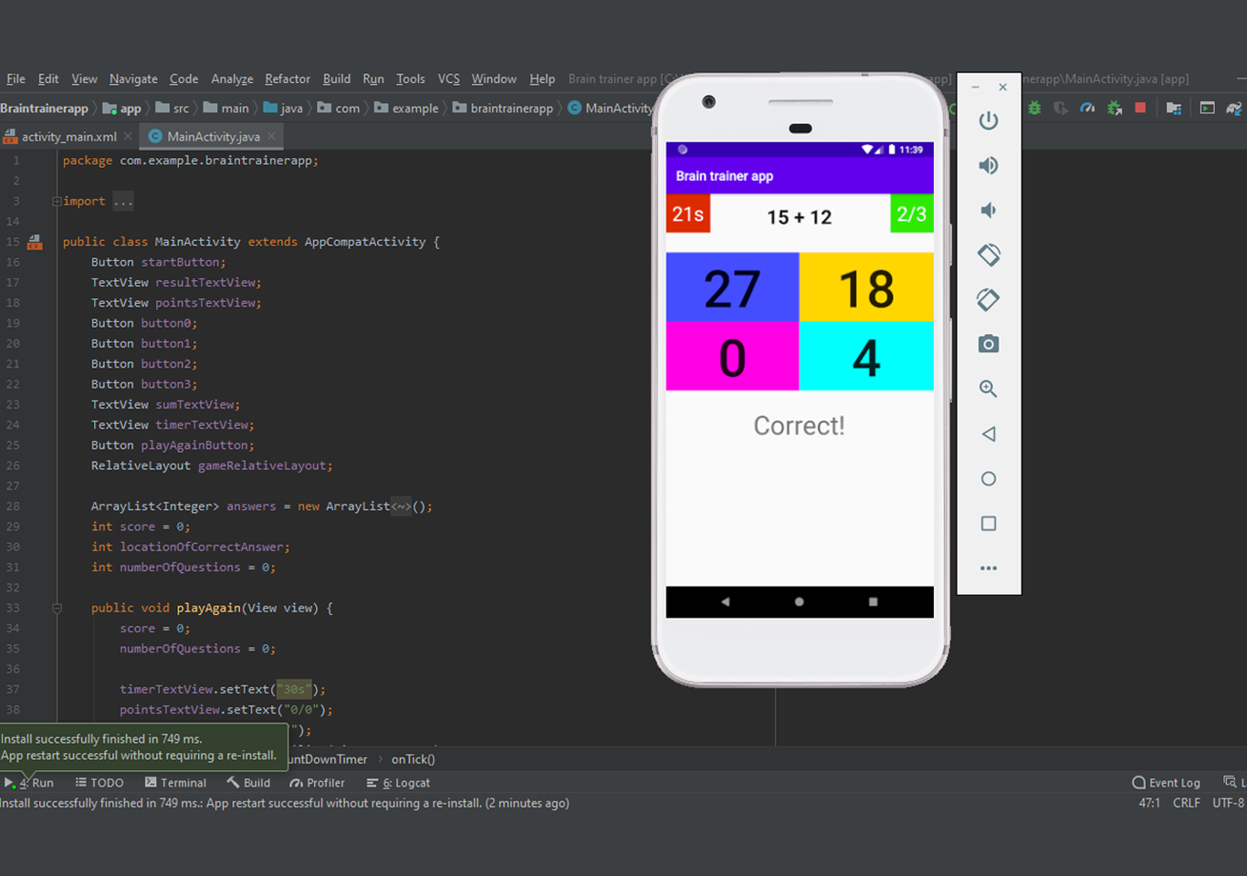 Brain trainer app in android with source code